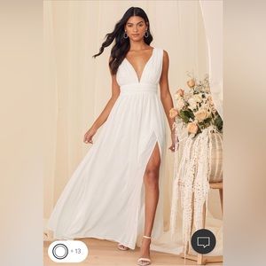 Lulu’s Heavenly Hues White Maxi dress altered for 5’2 height with heels